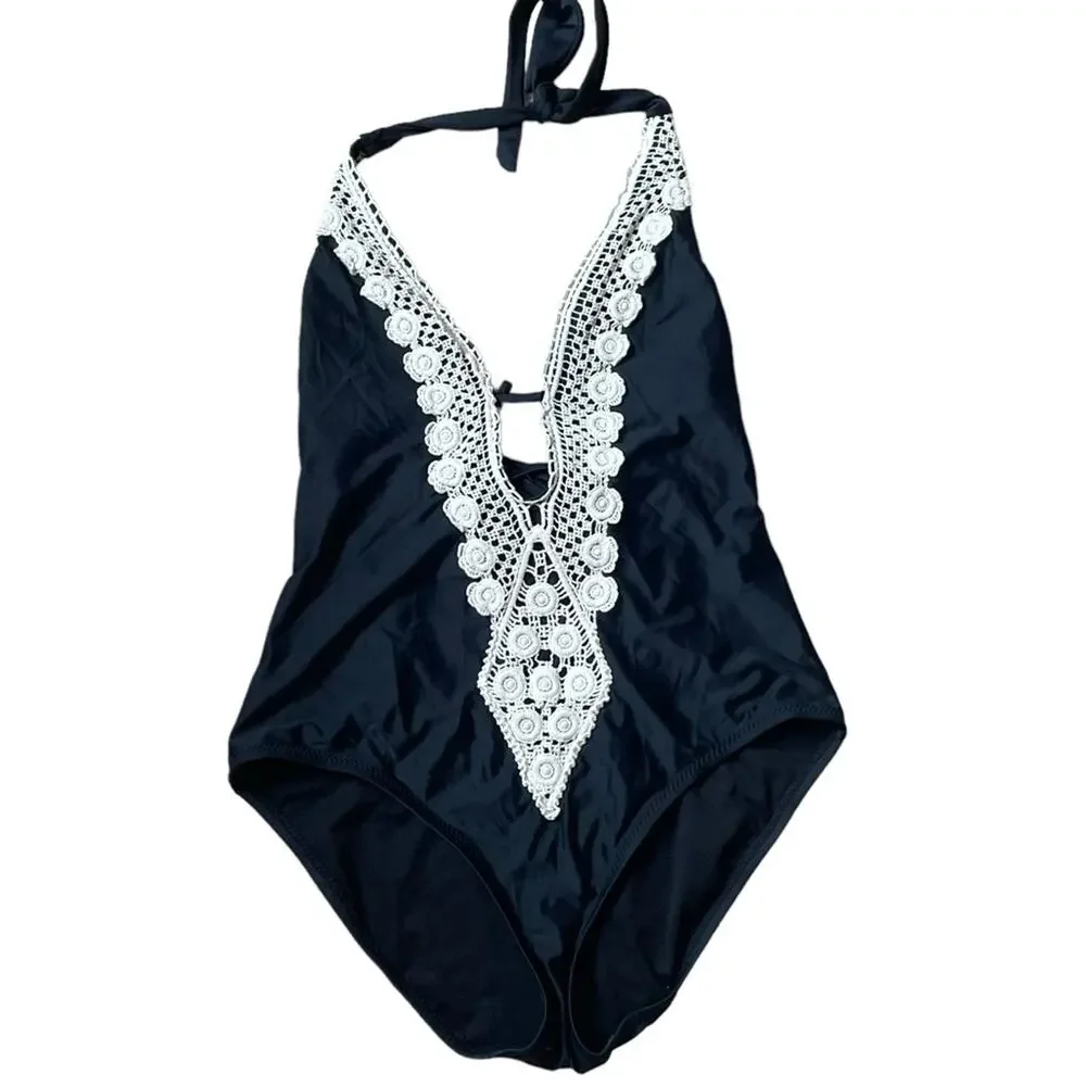 Kona Sol‎ Crochet Deep V One Piece Black Swimsuit Size M